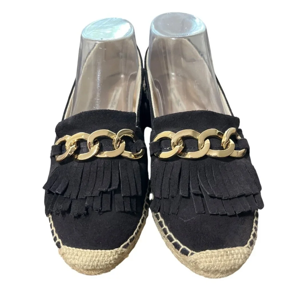 Massimo Dutti Black Suede Espadrille Loafer Gold-Chain Fringe EU 38 / US 7.5